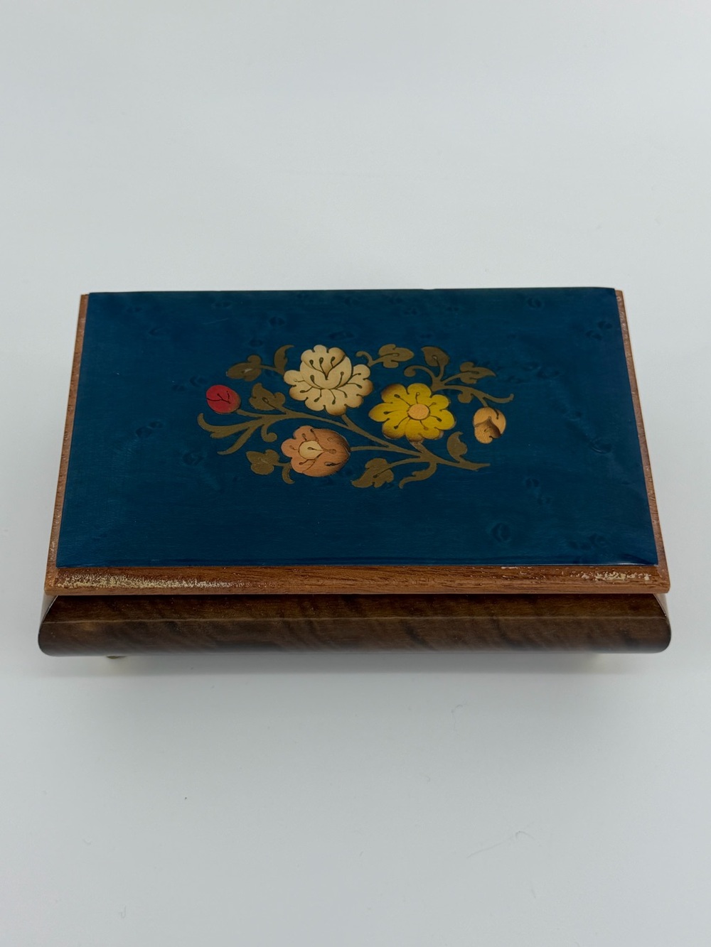 Vintage Made in Italy Blue Floral Inlay Trinket Box (Non-Working Music Box)